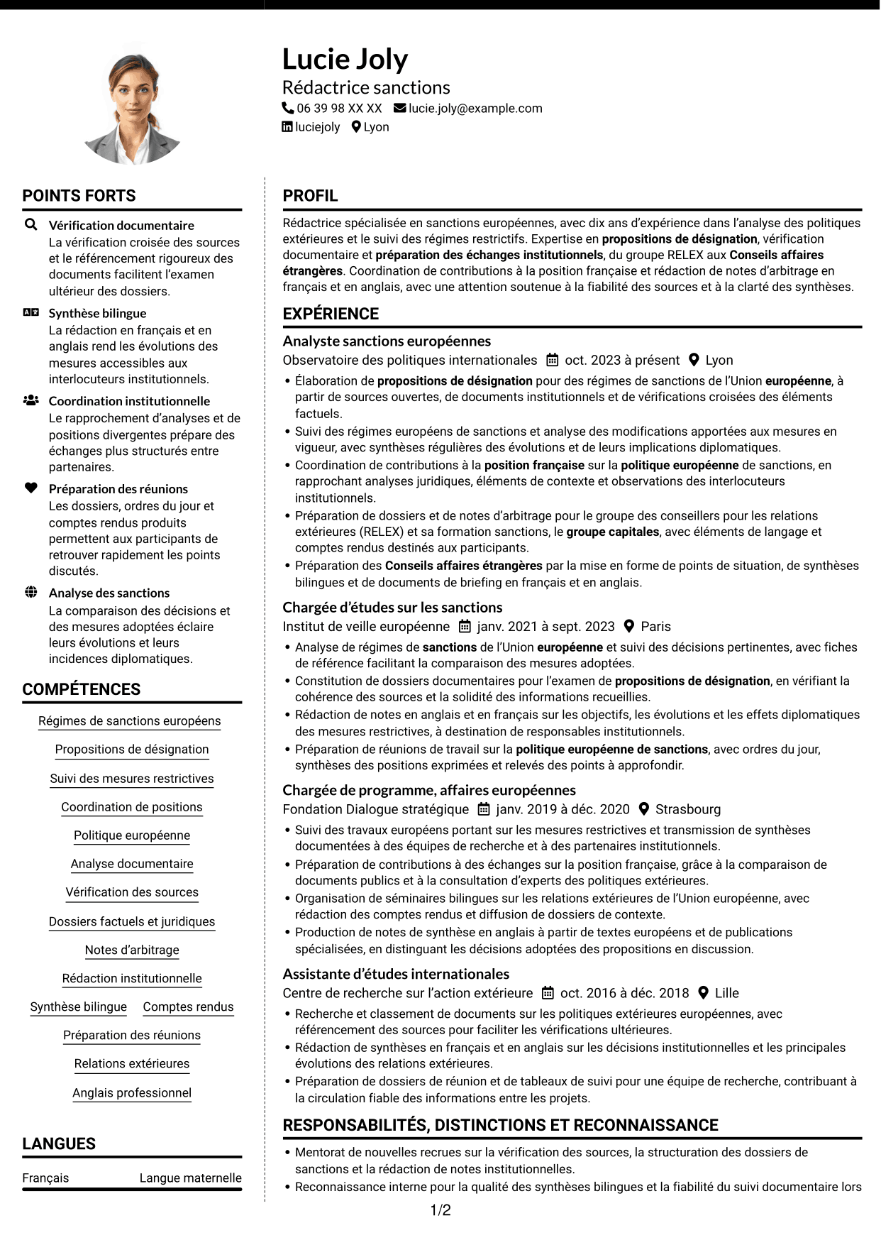 CV Moderne (format à deux colonnes avec photo à gauche et séparateur) : Rédacteur sanctions, page 1