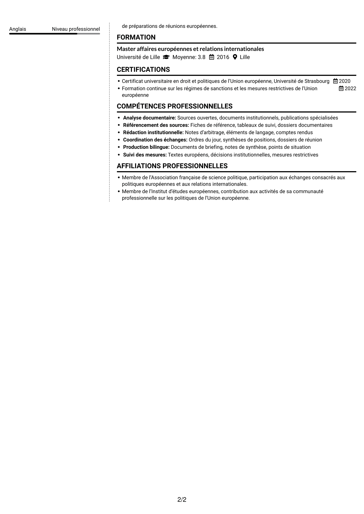 CV Moderne (format à deux colonnes avec photo à gauche et séparateur) : Rédacteur sanctions, page 2