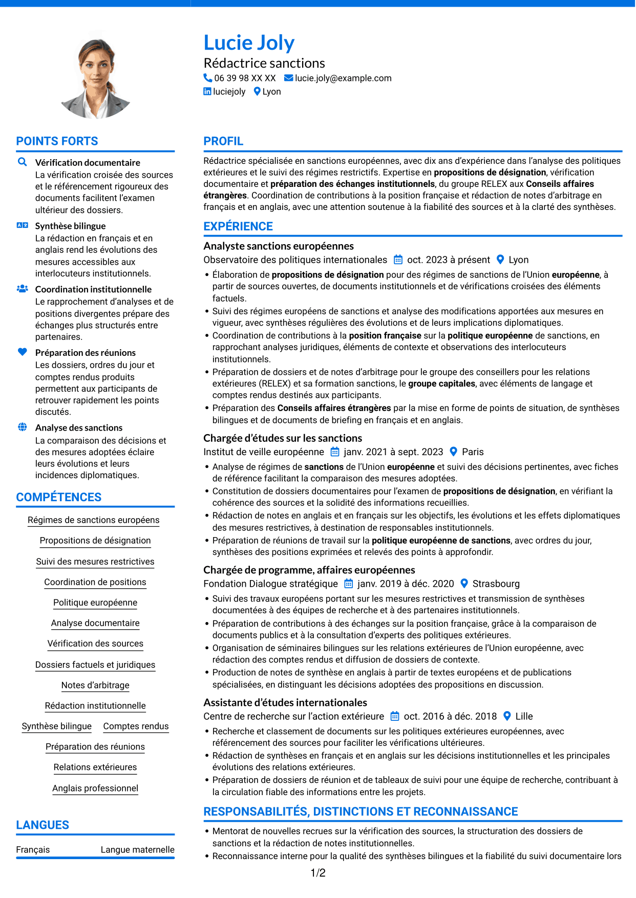 CV Audacieux (format à deux colonnes avec accents colorés et photo) : Rédacteur sanctions, page 1