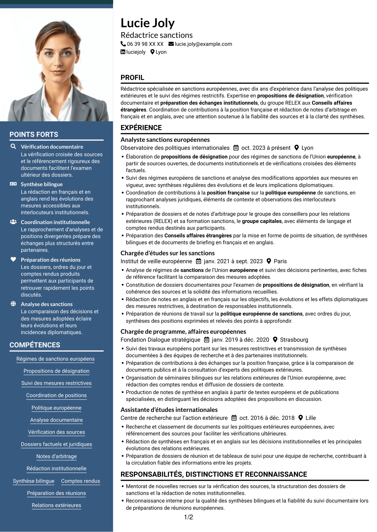 CV Signature (format à colonne latérale colorée avec grande photo) : Rédacteur sanctions, page 1