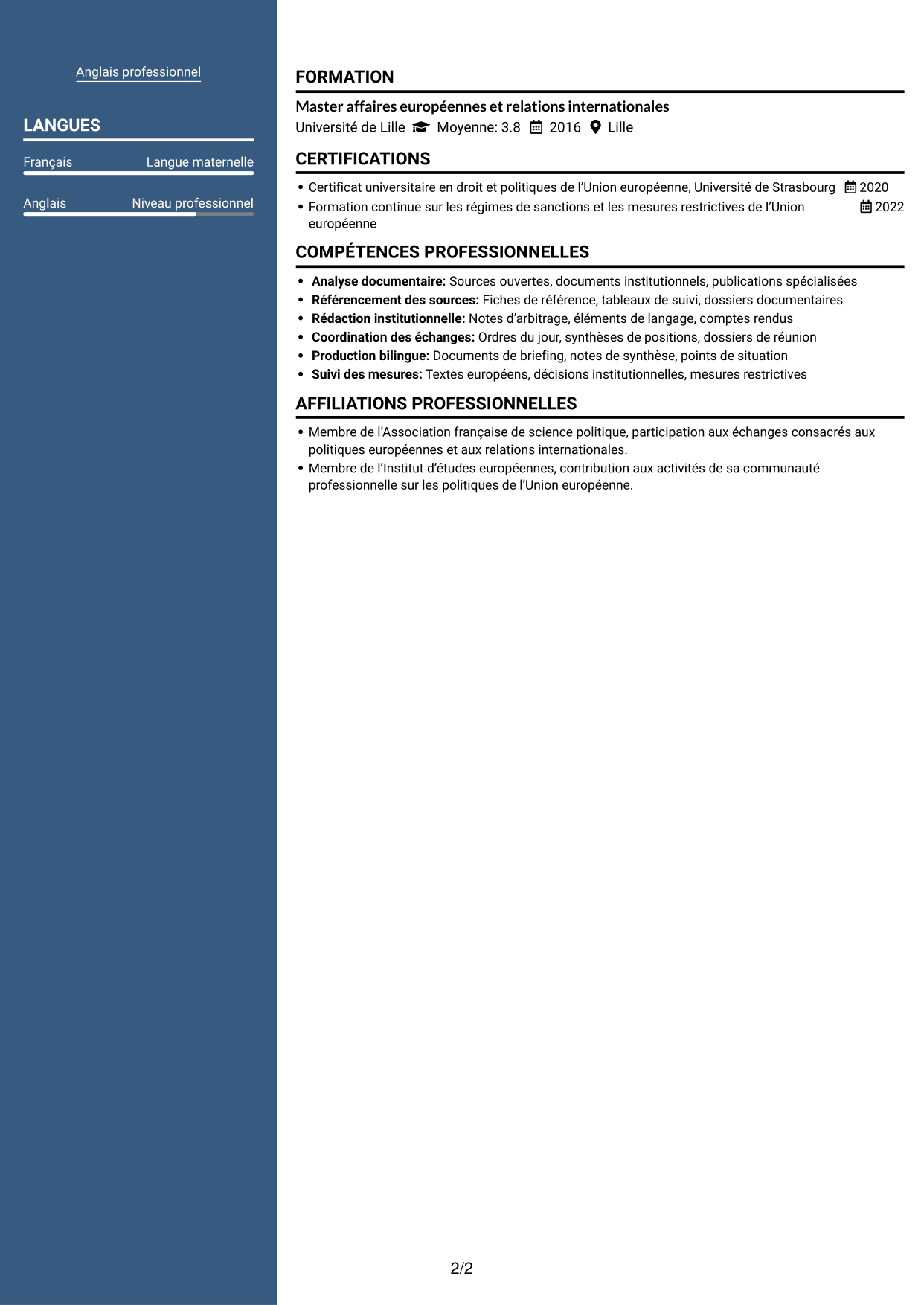 CV Signature (format à colonne latérale colorée avec grande photo) : Rédacteur sanctions, page 2