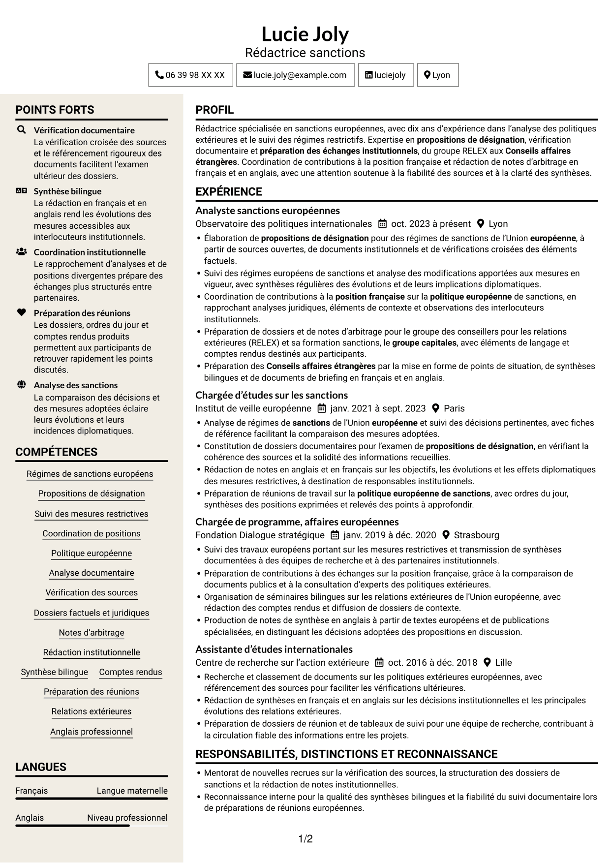 CV Fonceur (format à deux colonnes avec en-tête centré sans photo) : Rédacteur sanctions, page 1
