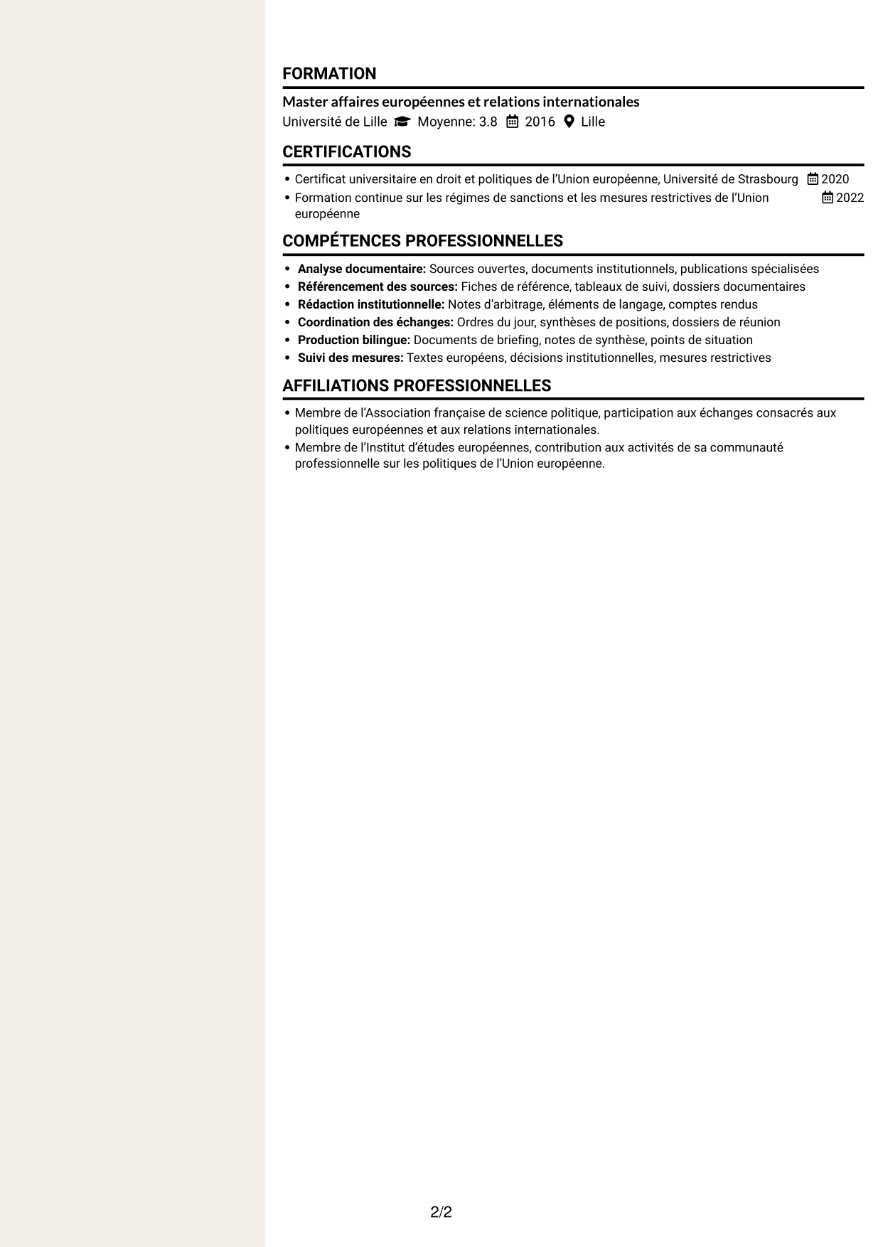 CV Fonceur (format à deux colonnes avec en-tête centré sans photo) : Rédacteur sanctions, page 2