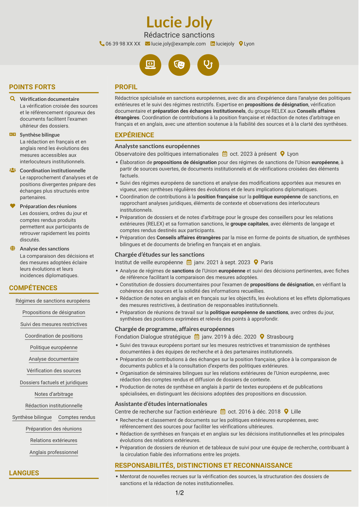 CV Dynamique (format à deux colonnes avec icônes) : Rédacteur sanctions, page 1