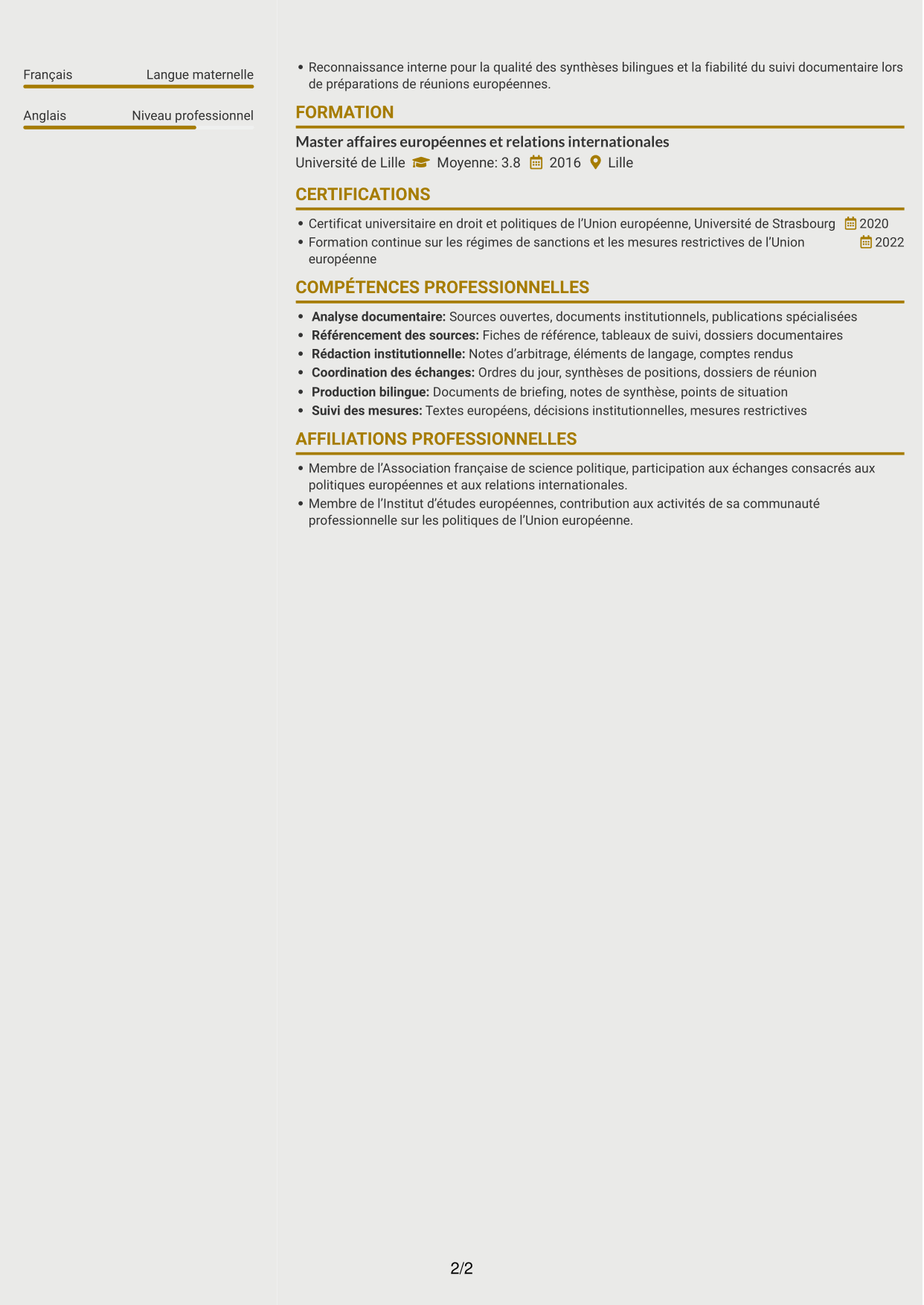 CV Dynamique (format à deux colonnes avec icônes) : Rédacteur sanctions, page 2
