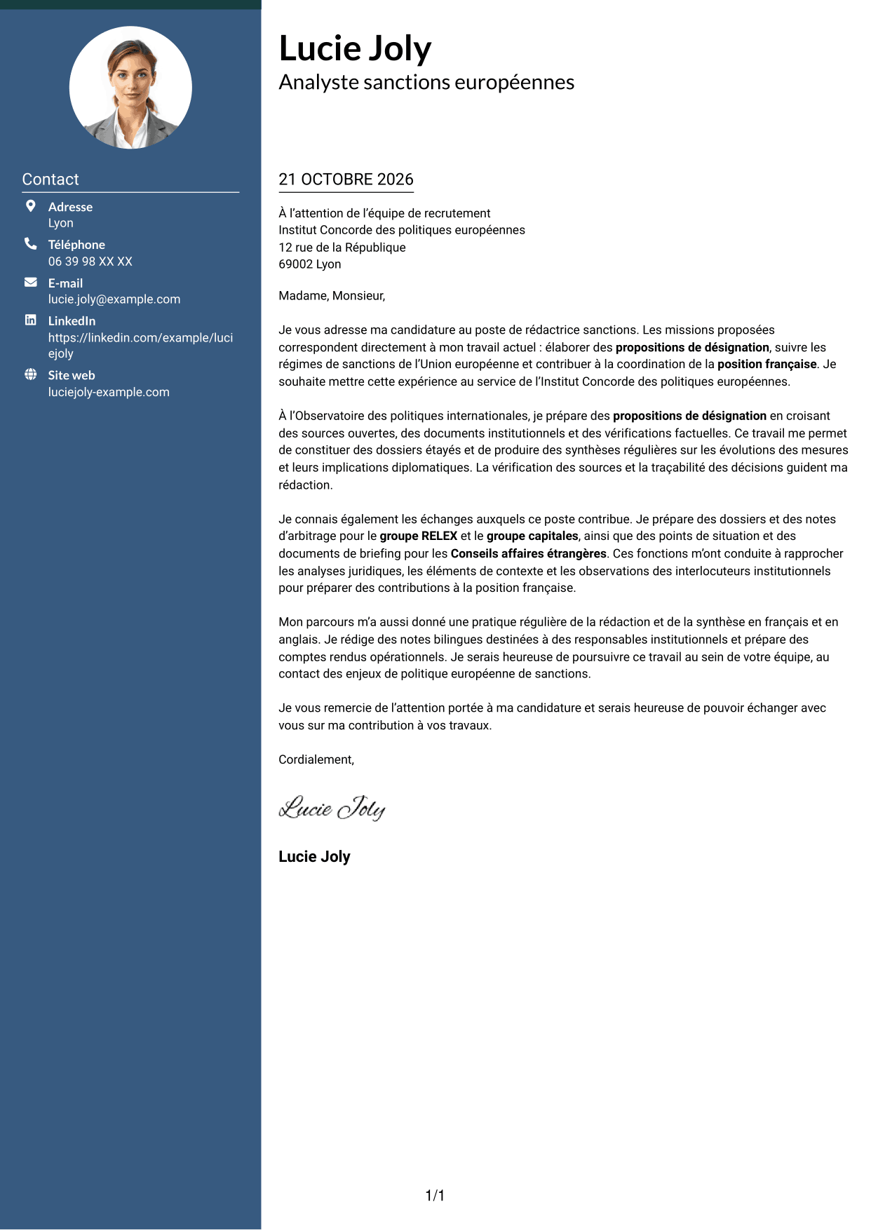Lettre de motivation Élégant (format à colonne latérale colorée avec photo) : Rédacteur sanctions, page 1