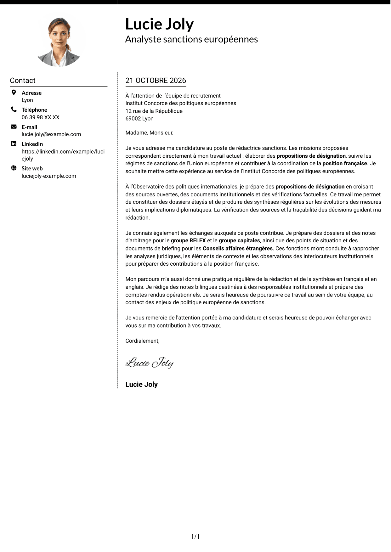 Lettre de motivation Moderne (format à deux colonnes avec photo à gauche et séparateur) : Rédacteur sanctions, page 1