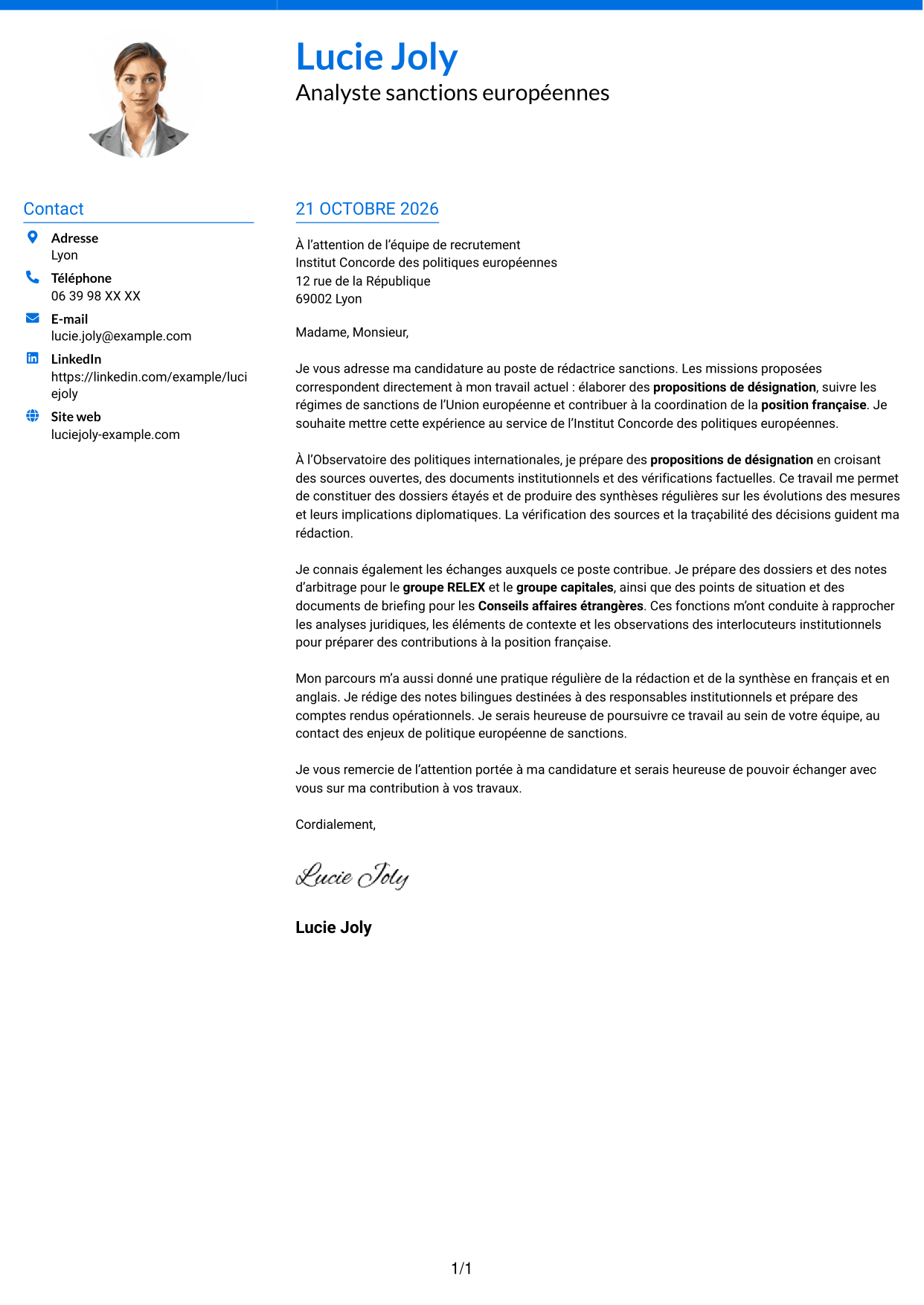 Lettre de motivation Audacieux (format à deux colonnes avec accents colorés et photo) : Rédacteur sanctions, page 1