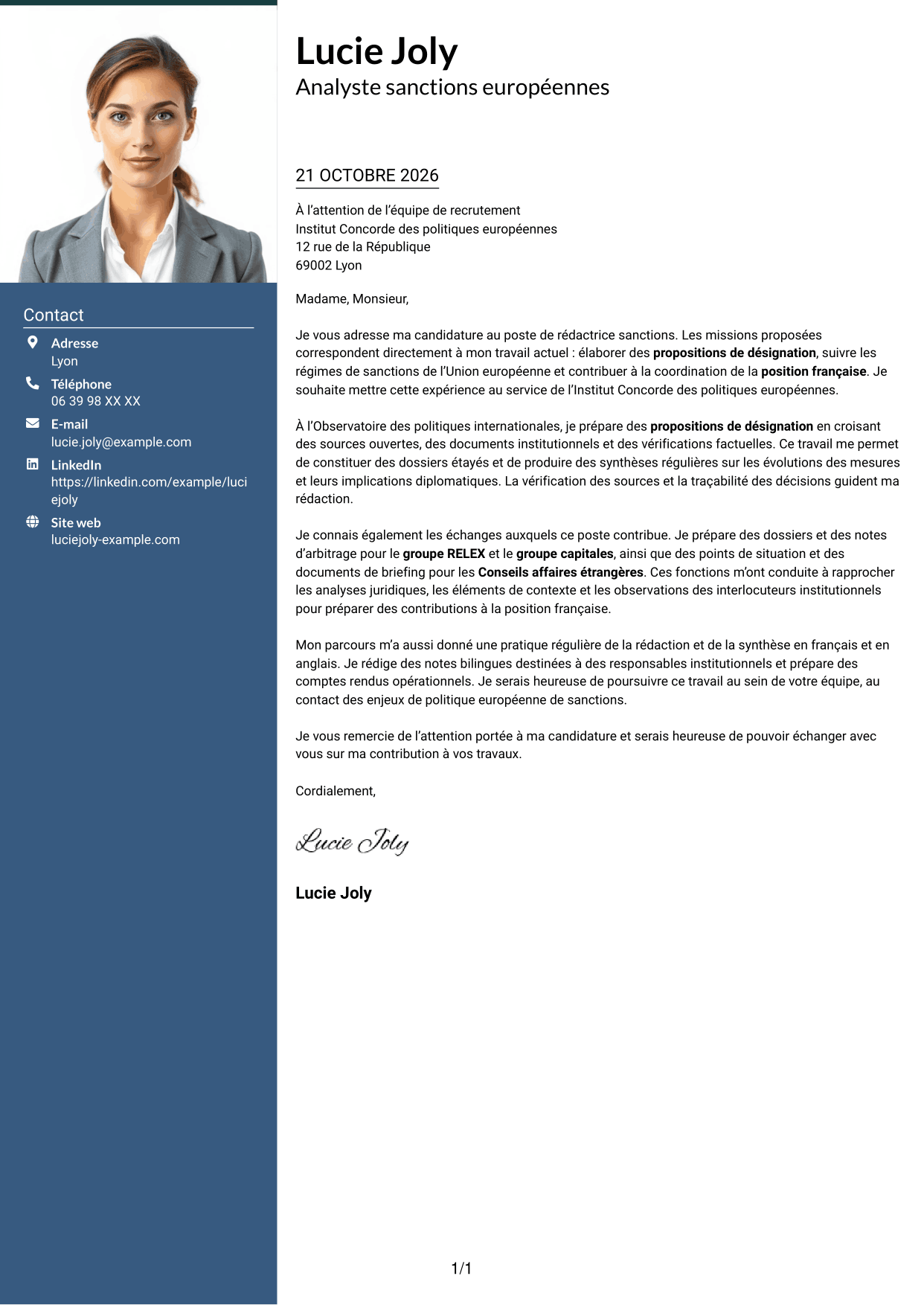 Lettre de motivation Signature (format à colonne latérale colorée avec grande photo) : Rédacteur sanctions, page 1