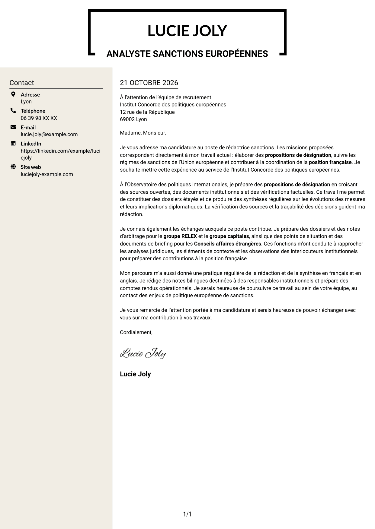 Lettre de motivation Fonceur (format à deux colonnes avec en-tête centré sans photo) : Rédacteur sanctions, page 1