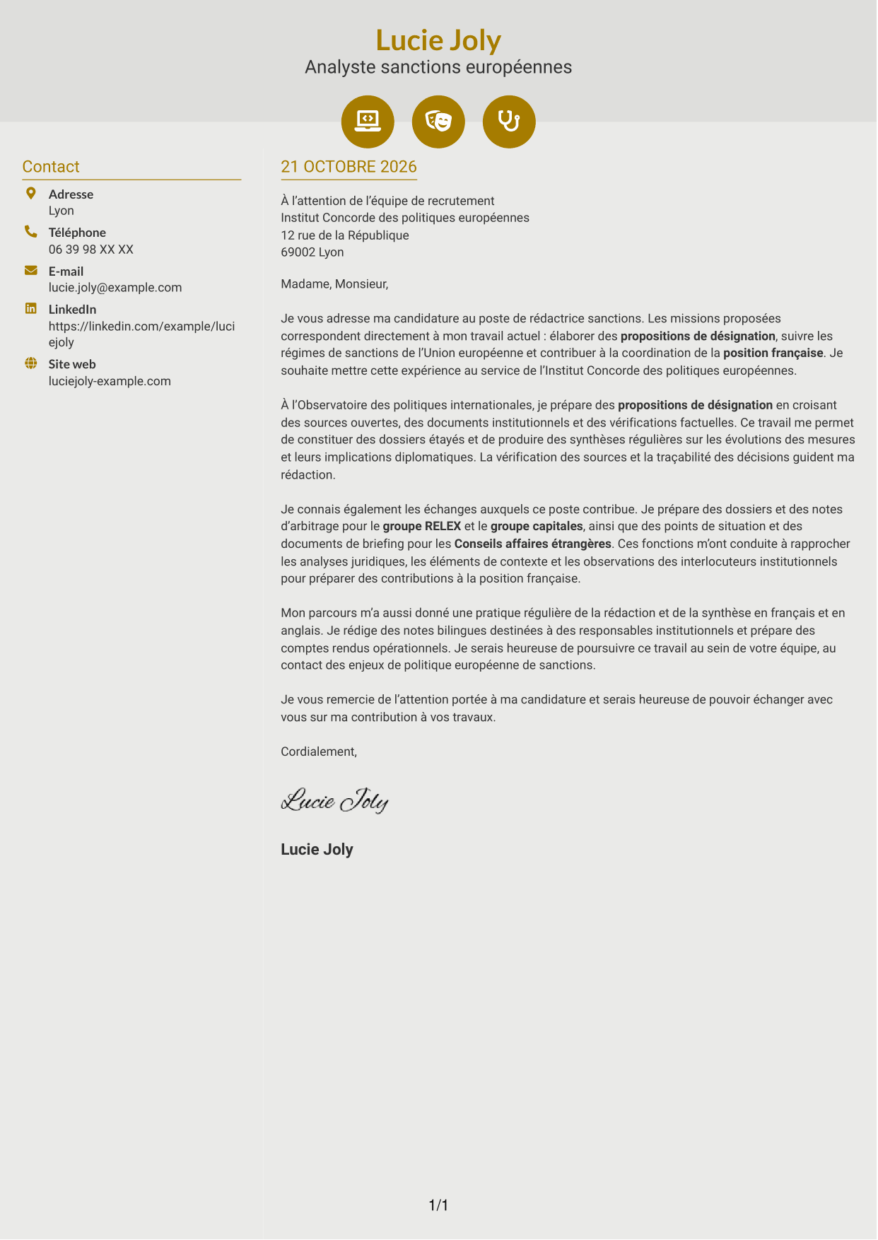 Lettre de motivation Dynamique (format à deux colonnes avec icônes) : Rédacteur sanctions, page 1