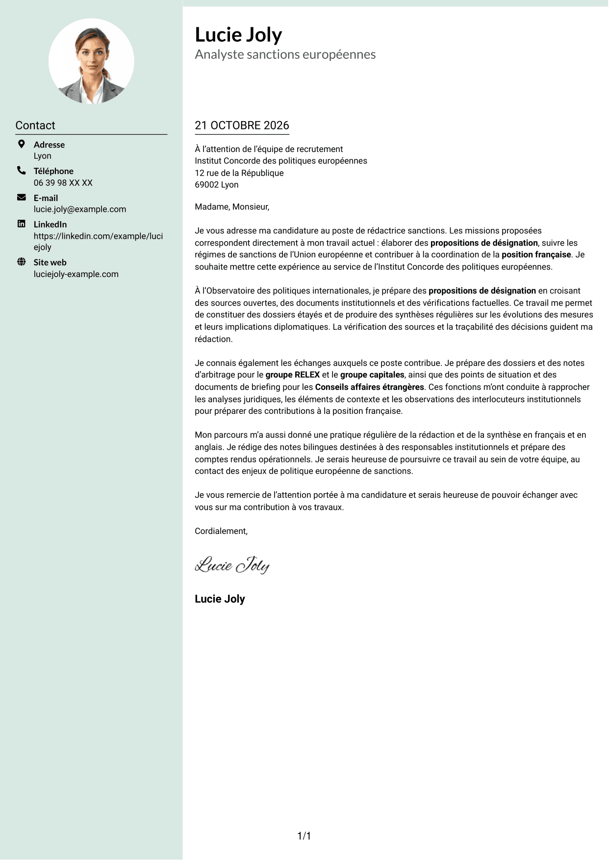 Lettre de motivation Cadre (format à colonne latérale douce avec photo arrondie) : Rédacteur sanctions, page 1