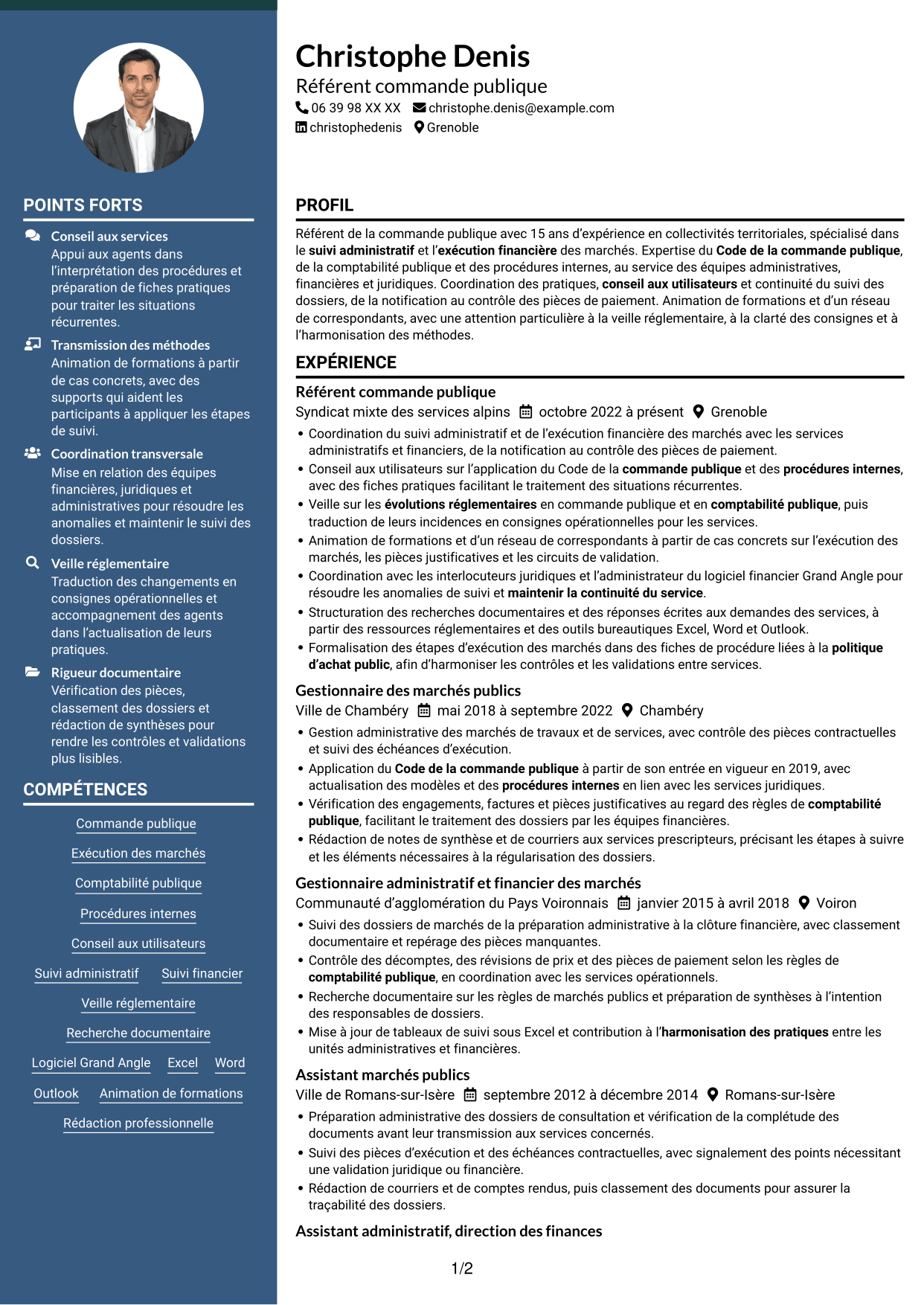 CV Élégant (format à colonne latérale colorée avec photo) : Référent commande publique, page 1