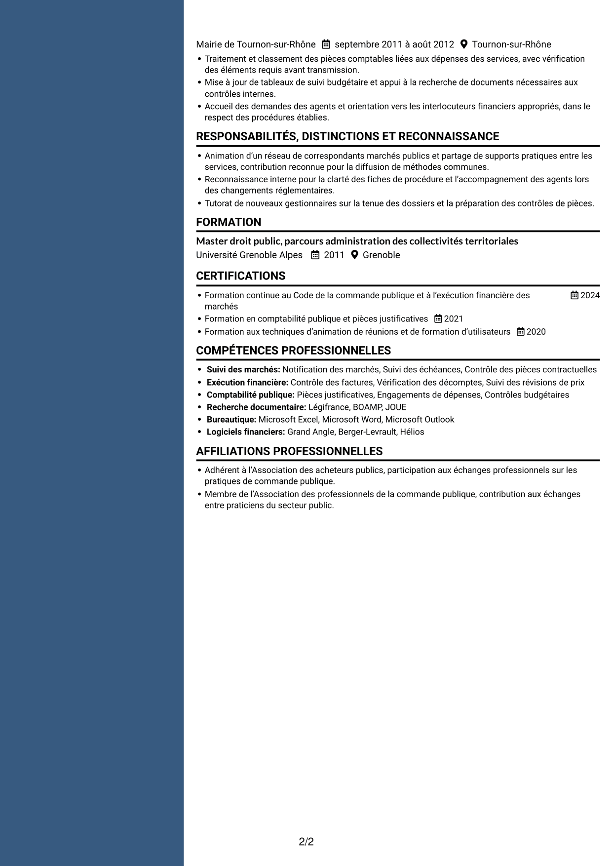 CV Élégant (format à colonne latérale colorée avec photo) : Référent commande publique, page 2