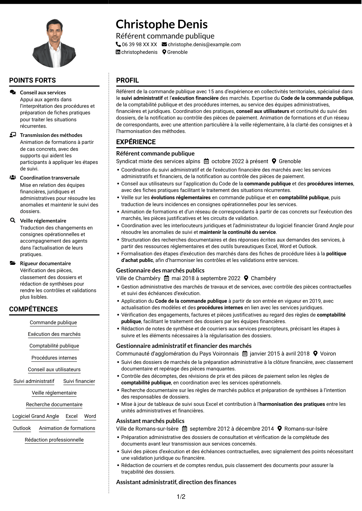CV Moderne (format à deux colonnes avec photo à gauche et séparateur) : Référent commande publique, page 1