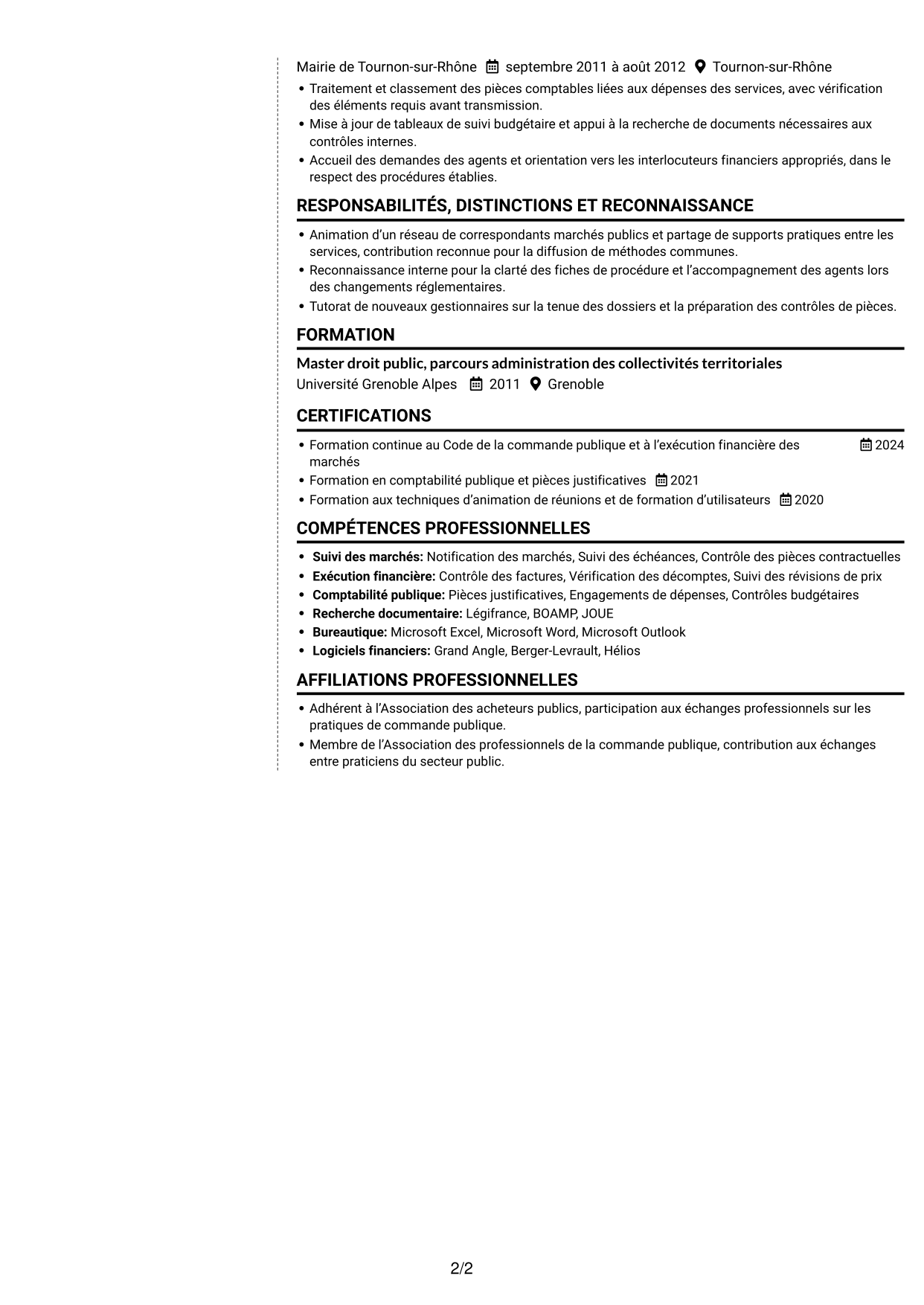 CV Moderne (format à deux colonnes avec photo à gauche et séparateur) : Référent commande publique, page 2