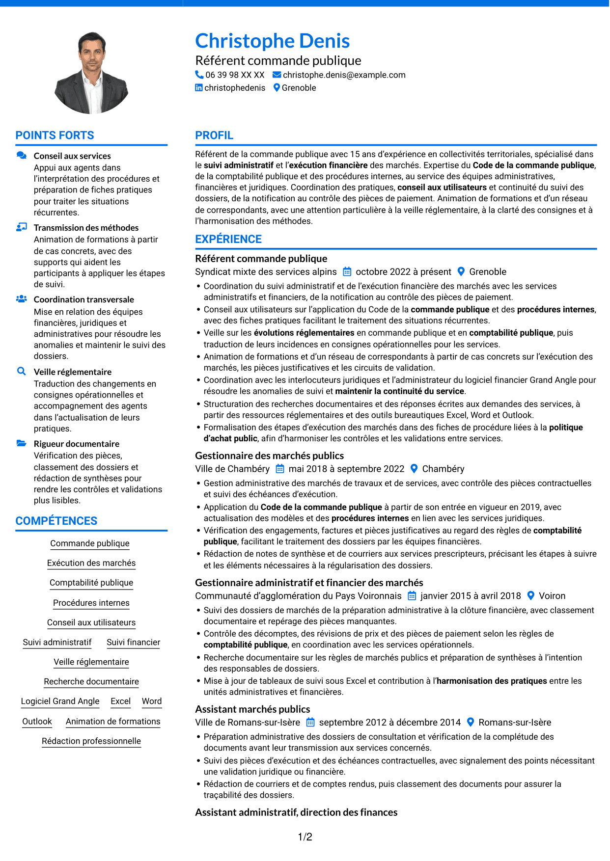 CV Audacieux (format à deux colonnes avec accents colorés et photo) : Référent commande publique, page 1