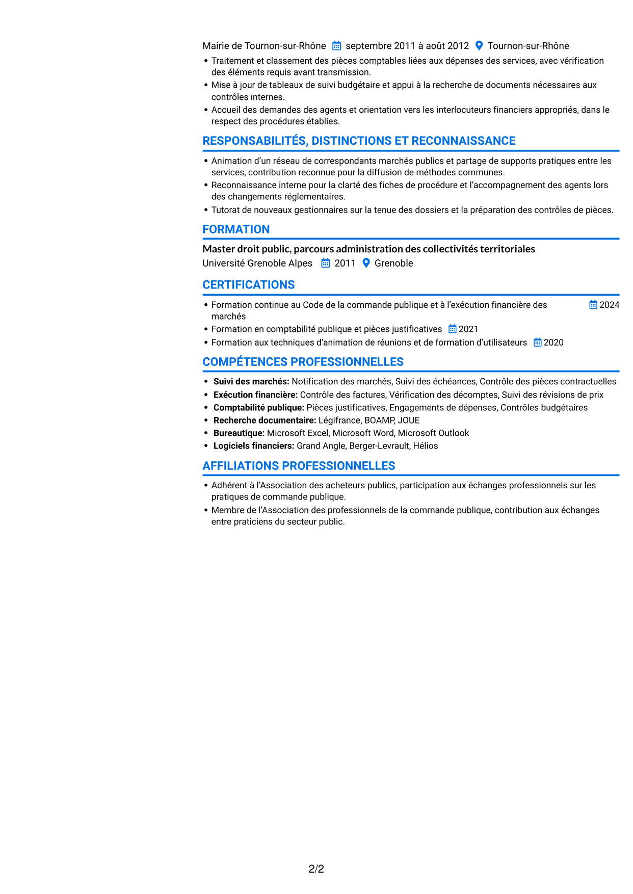 CV Audacieux (format à deux colonnes avec accents colorés et photo) : Référent commande publique, page 2