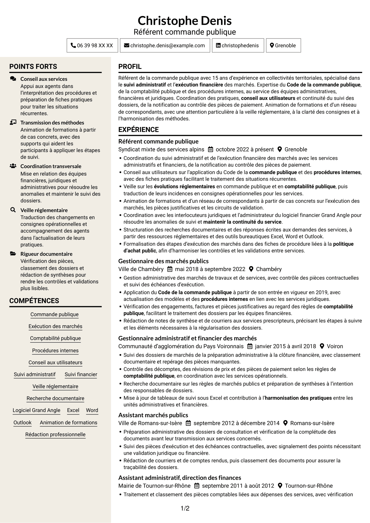 CV Fonceur (format à deux colonnes avec en-tête centré sans photo) : Référent commande publique, page 1