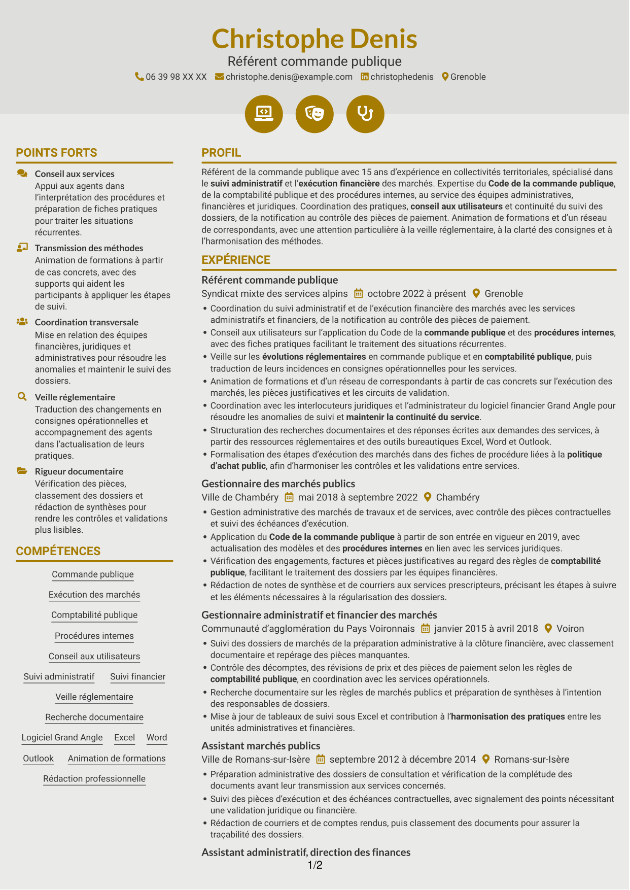 CV Dynamique (format à deux colonnes avec icônes) : Référent commande publique, page 1