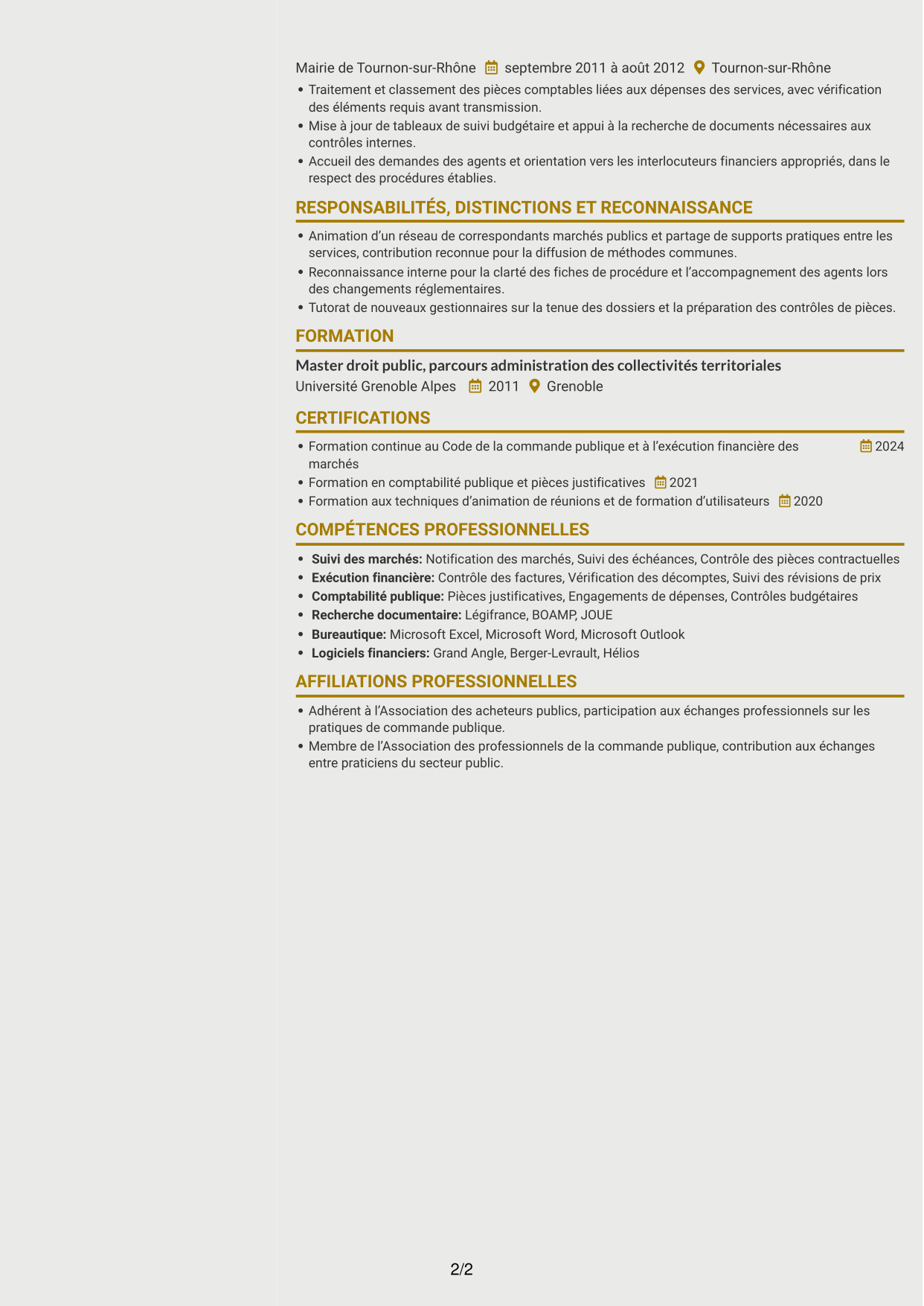 CV Dynamique (format à deux colonnes avec icônes) : Référent commande publique, page 2