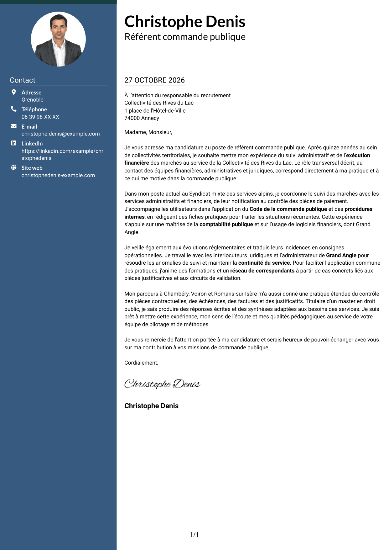 Lettre de motivation Élégant (format à colonne latérale colorée avec photo) : Référent commande publique, page 1