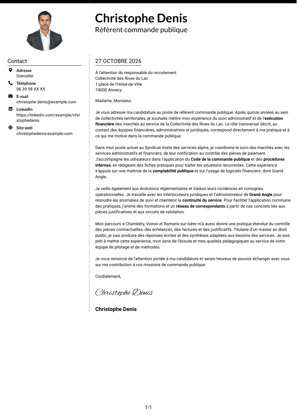 Lettre de motivation Moderne (format à deux colonnes avec photo à gauche et séparateur) : Référent commande publique, page 1