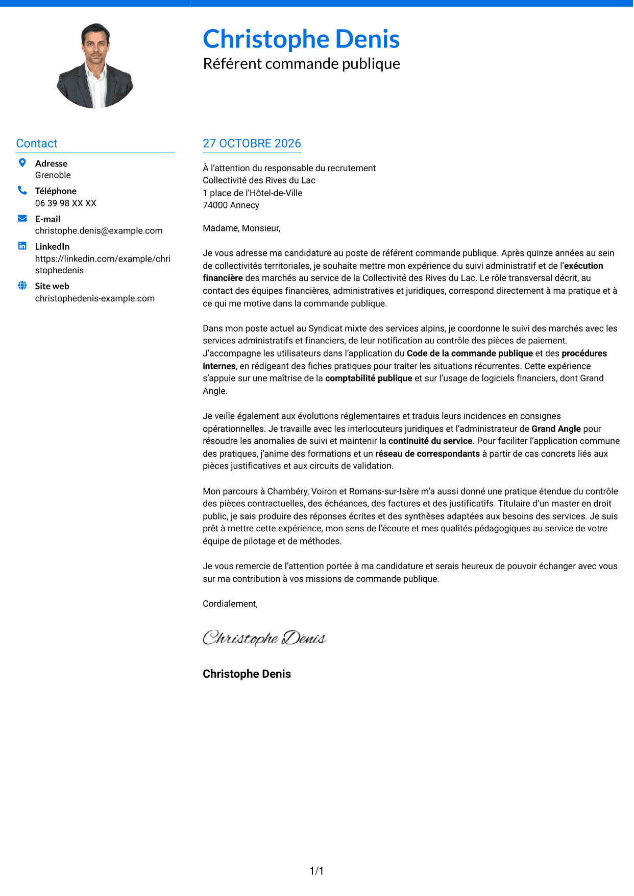 Lettre de motivation Audacieux (format à deux colonnes avec accents colorés et photo) : Référent commande publique, page 1