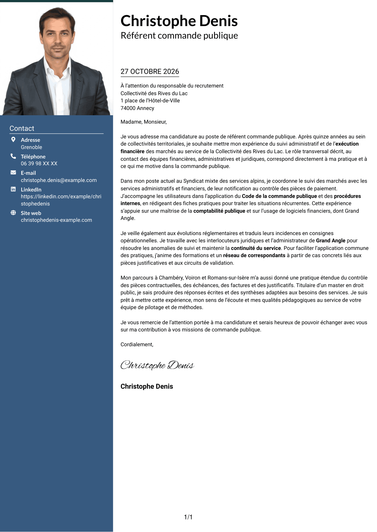 Lettre de motivation Signature (format à colonne latérale colorée avec grande photo) : Référent commande publique, page 1