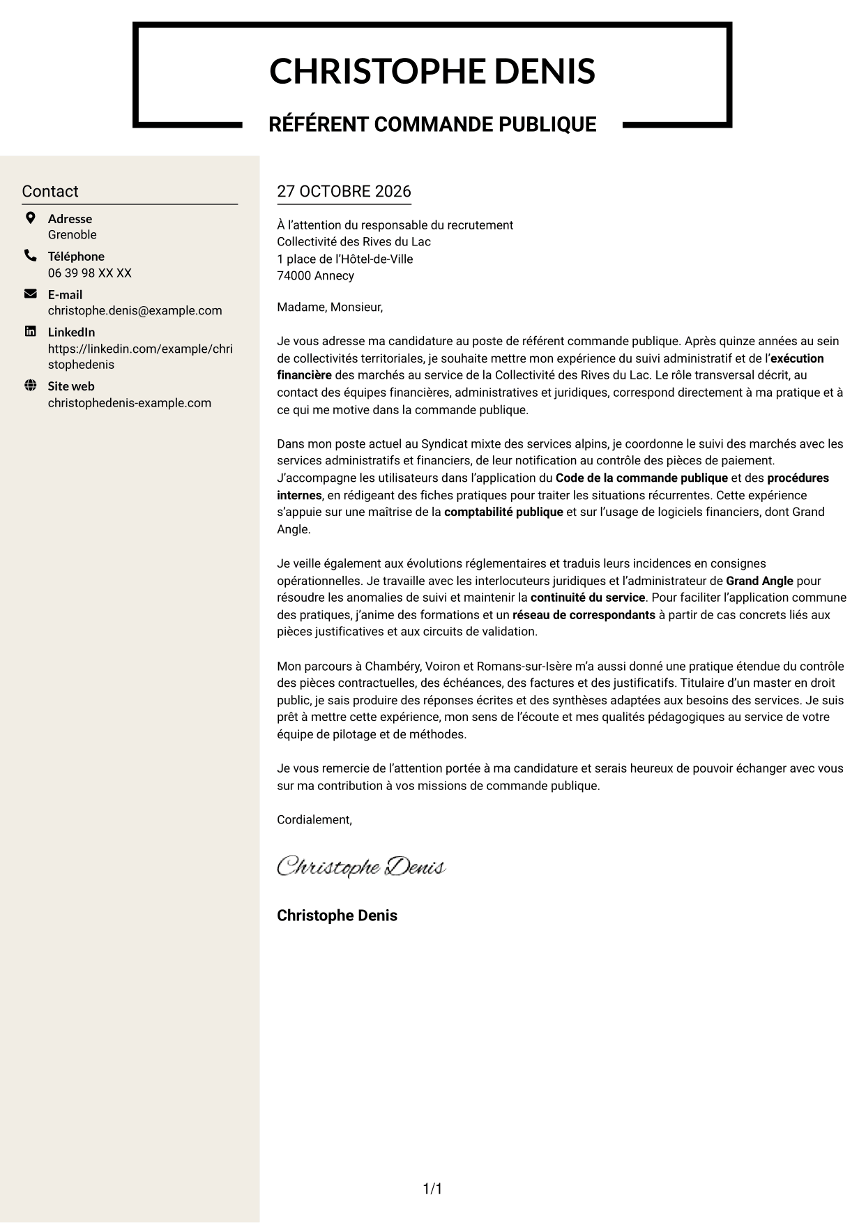 Lettre de motivation Fonceur (format à deux colonnes avec en-tête centré sans photo) : Référent commande publique, page 1