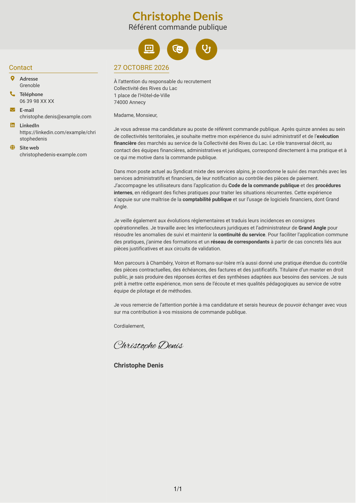 Lettre de motivation Dynamique (format à deux colonnes avec icônes) : Référent commande publique, page 1