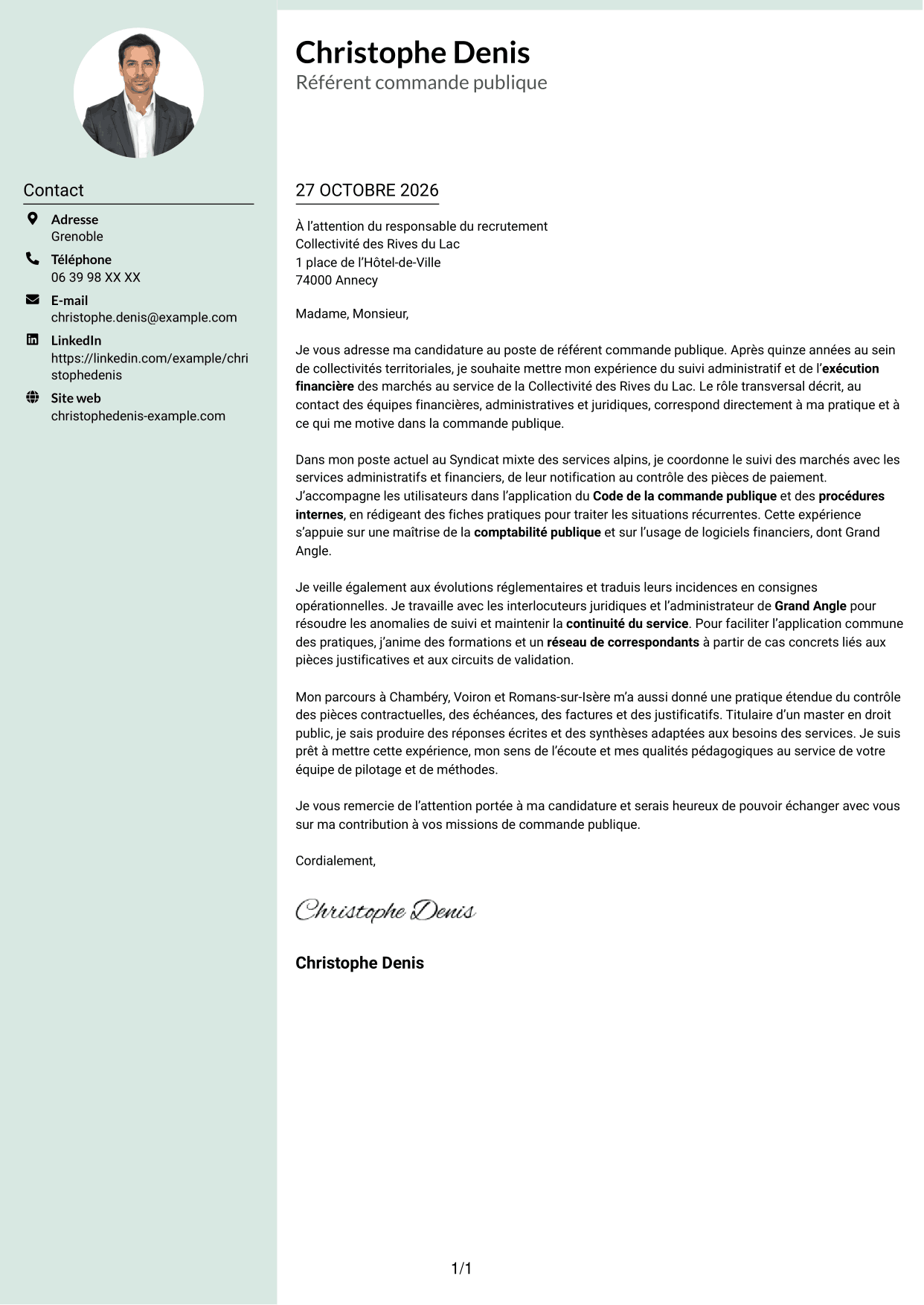 Lettre de motivation Cadre (format à colonne latérale douce avec photo arrondie) : Référent commande publique, page 1