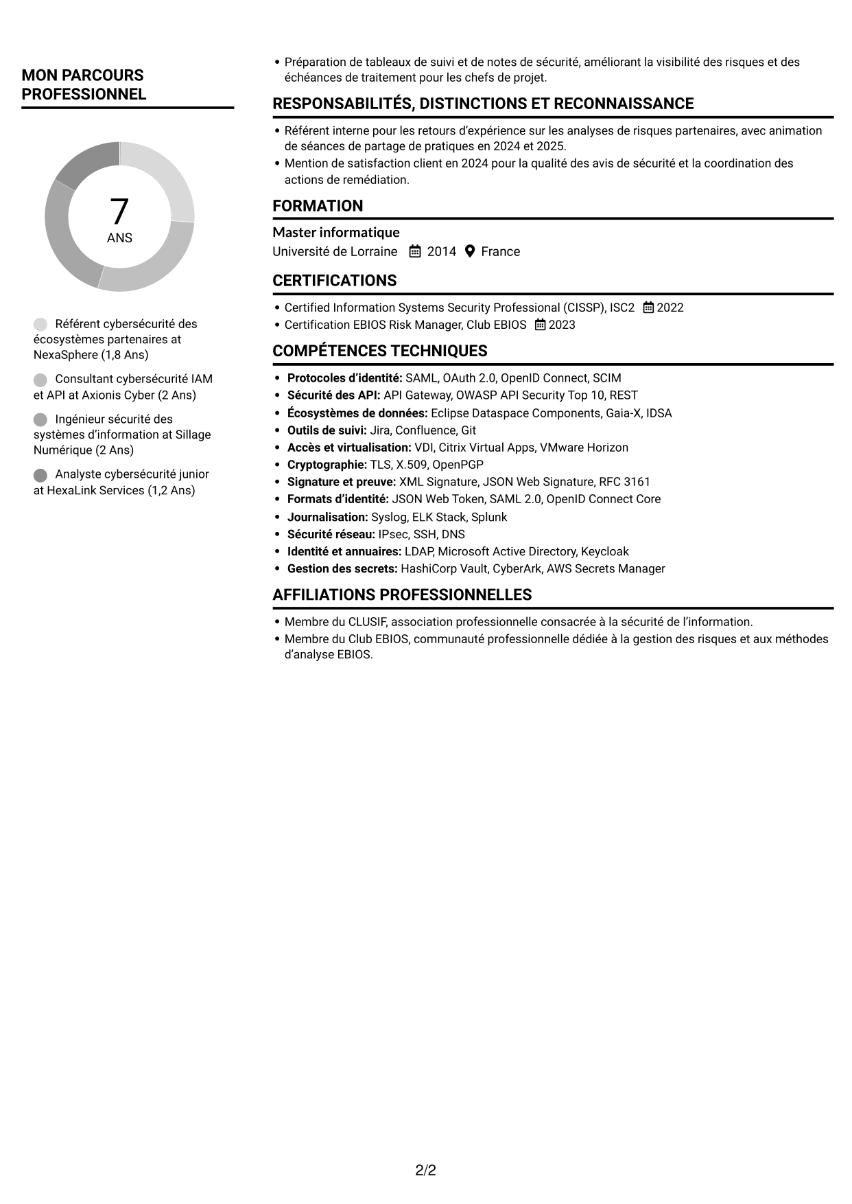 CV Compact (format sobre à deux colonnes avec photo) : Référent Cybersécurité - Échanges interentreprises, page 2