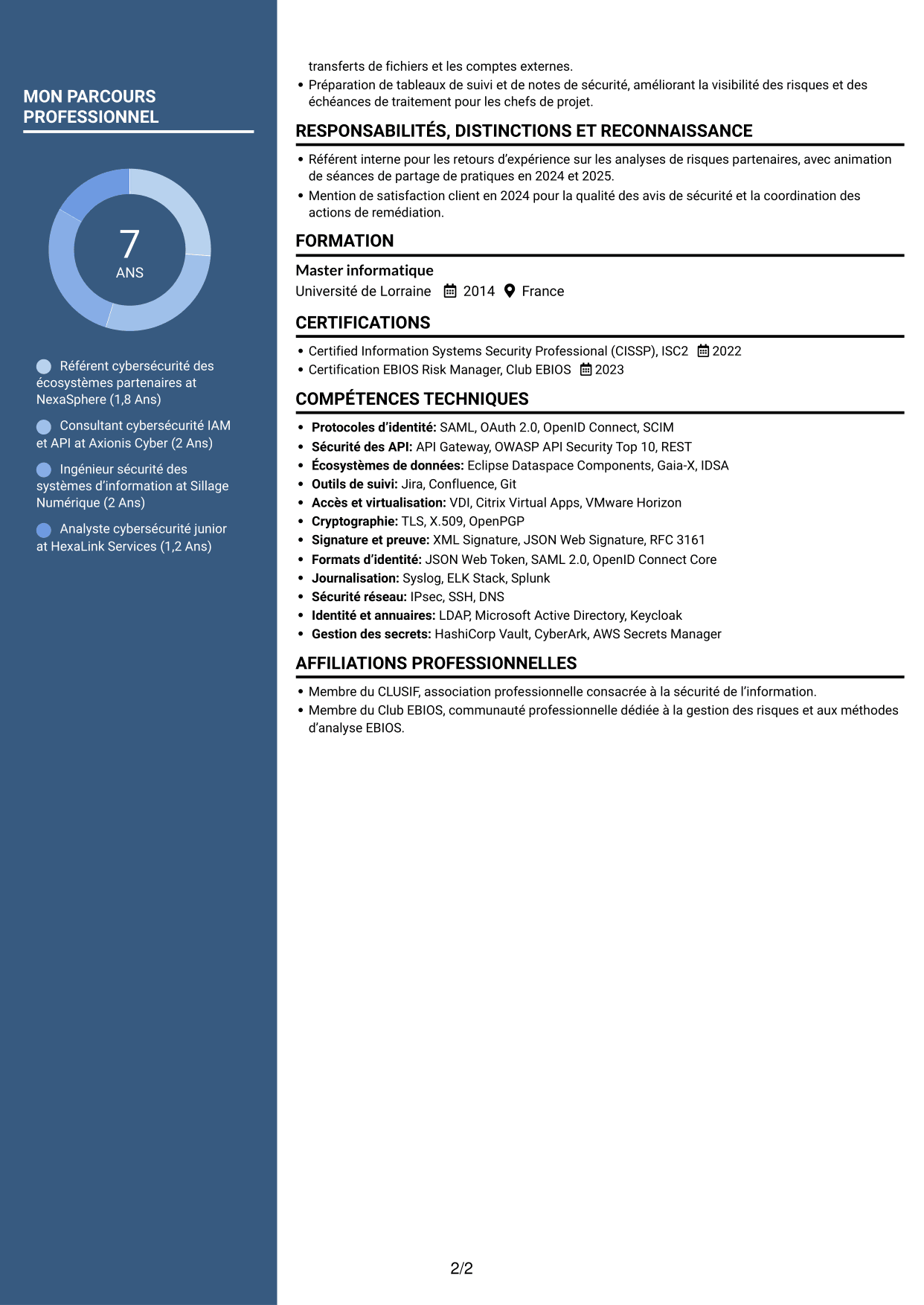 CV Élégant (format à colonne latérale colorée avec photo) : Référent Cybersécurité - Échanges interentreprises, page 2