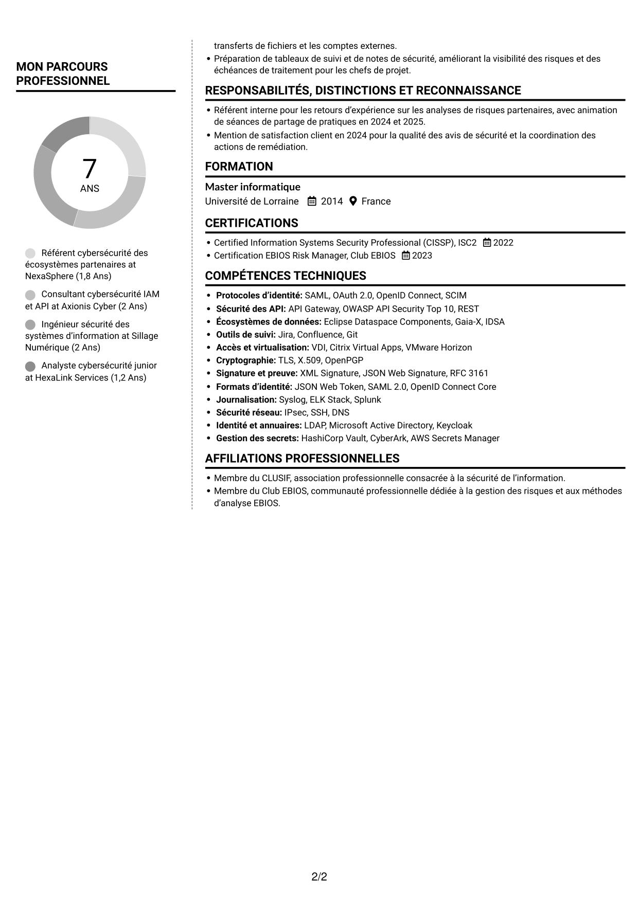CV Moderne (format à deux colonnes avec photo à gauche et séparateur) : Référent Cybersécurité - Échanges interentreprises, page 2