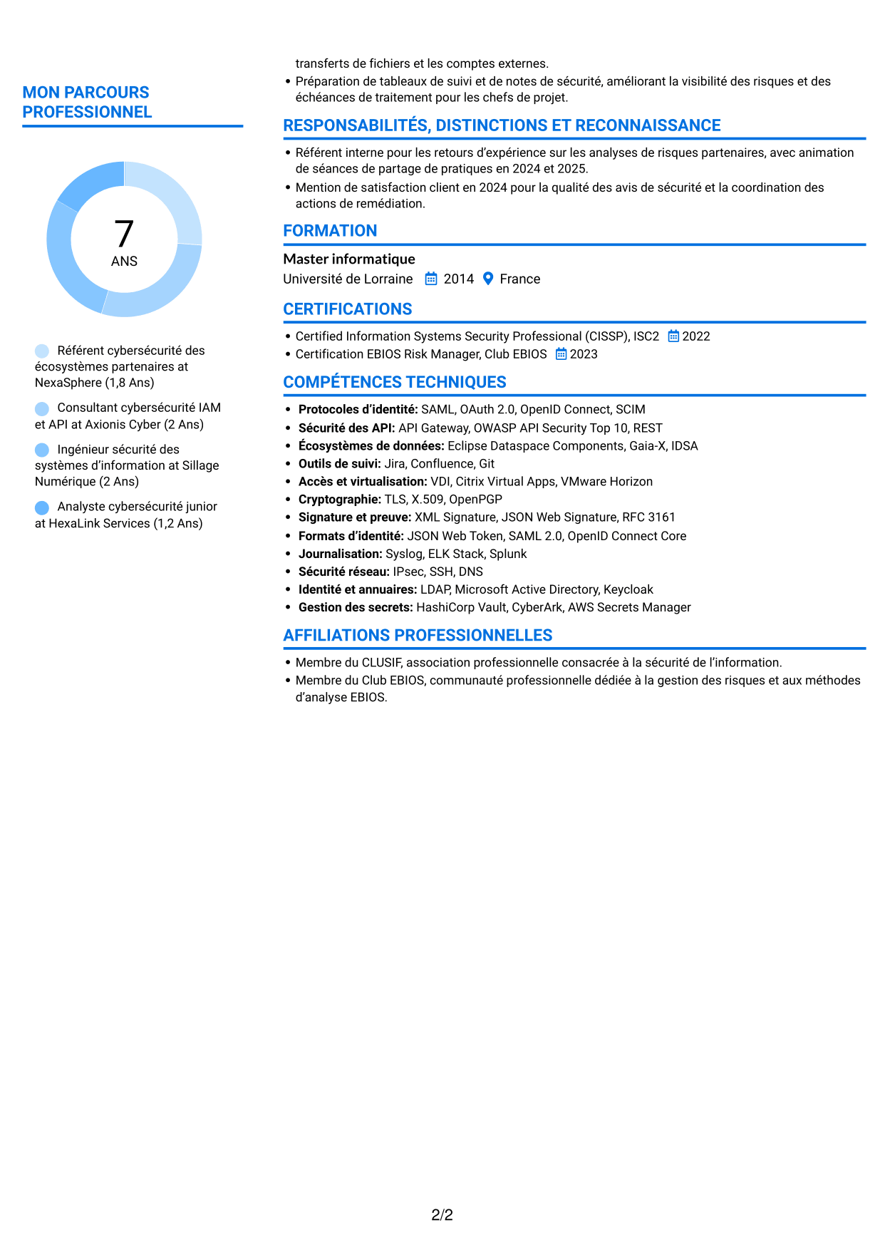 CV Audacieux (format à deux colonnes avec accents colorés et photo) : Référent Cybersécurité - Échanges interentreprises, page 2