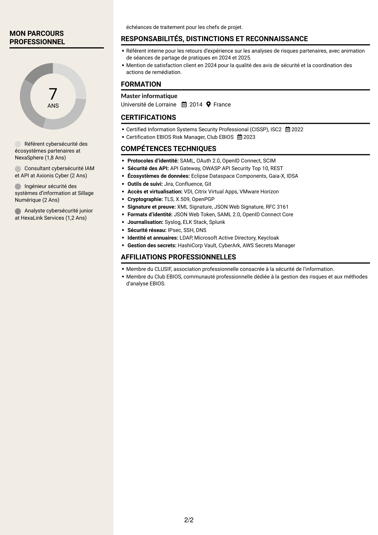 CV Fonceur (format à deux colonnes avec en-tête centré sans photo) : Référent Cybersécurité - Échanges interentreprises, page 2