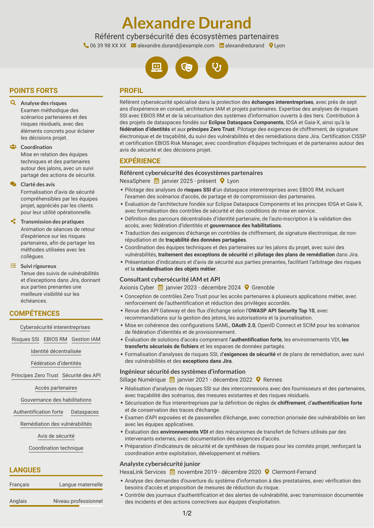 CV Dynamique (format à deux colonnes avec icônes) : Référent Cybersécurité - Échanges interentreprises, page 1
