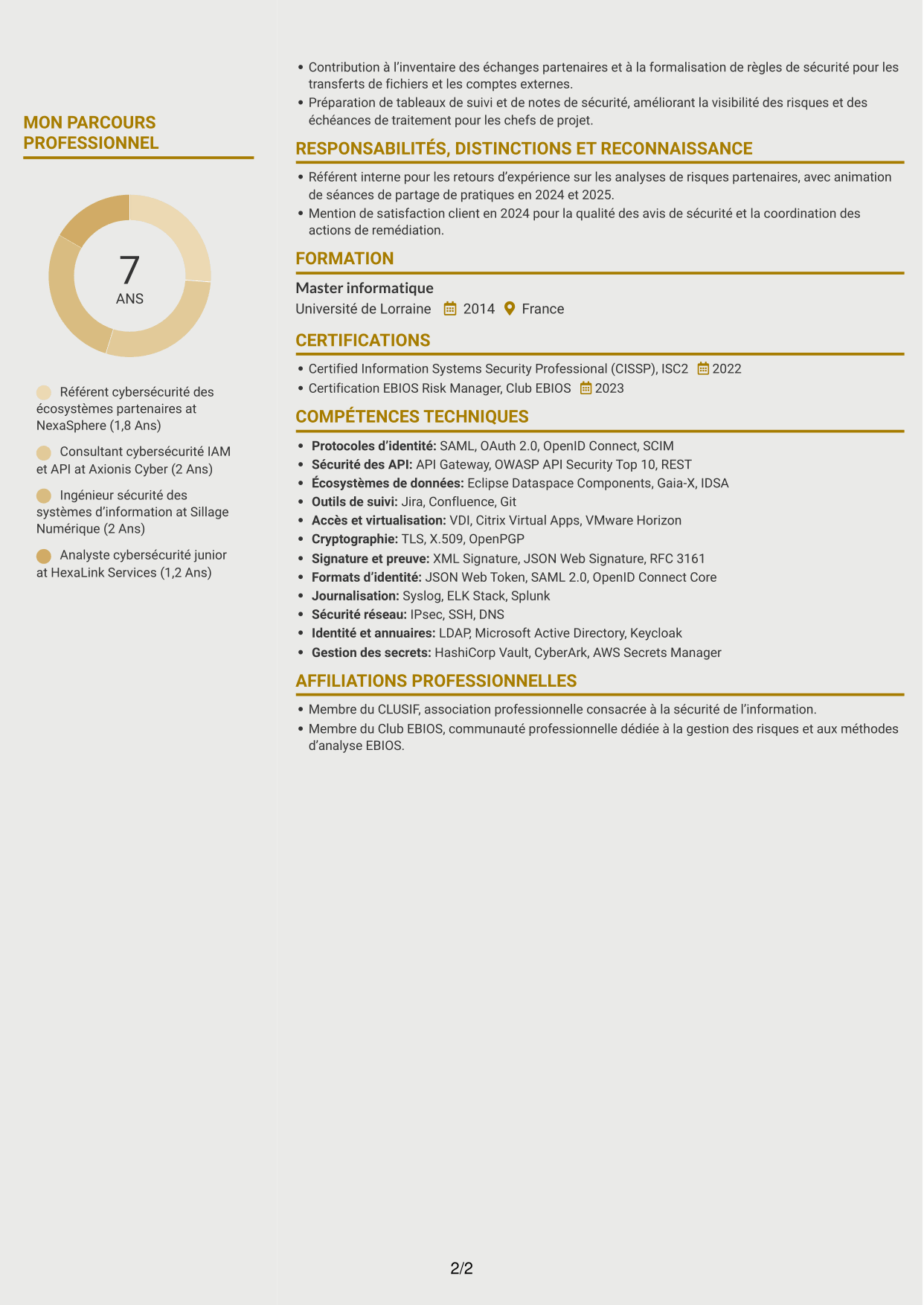CV Dynamique (format à deux colonnes avec icônes) : Référent Cybersécurité - Échanges interentreprises, page 2