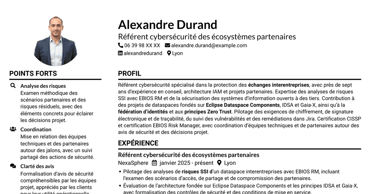 7 modèles de CV pour Référent Cybersécurité - Échanges interentreprises, avec exemples