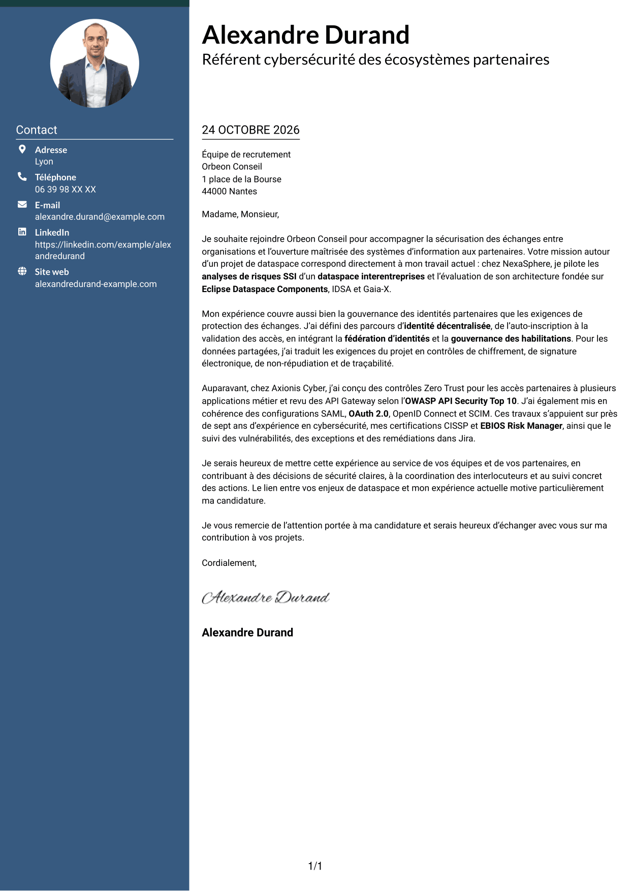 Lettre de motivation Élégant (format à colonne latérale colorée avec photo) : Référent Cybersécurité - Échanges interentreprises, page 1