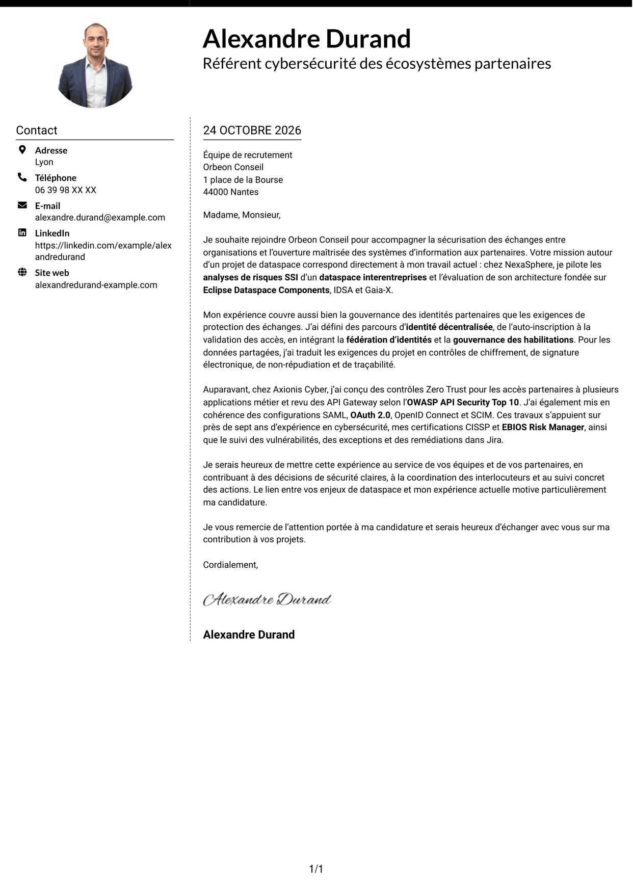 Lettre de motivation Moderne (format à deux colonnes avec photo à gauche et séparateur) : Référent Cybersécurité - Échanges interentreprises, page 1