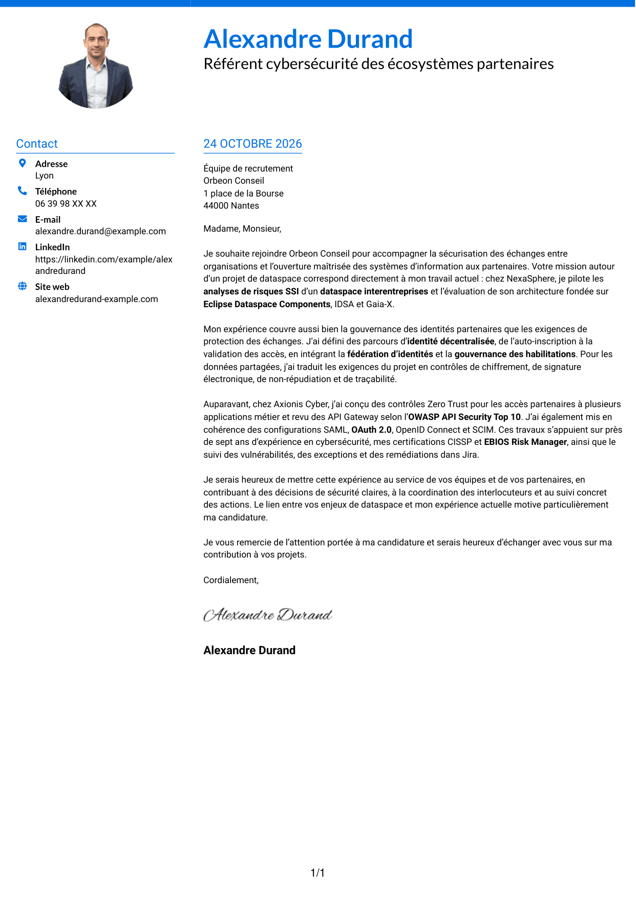 Lettre de motivation Audacieux (format à deux colonnes avec accents colorés et photo) : Référent Cybersécurité - Échanges interentreprises, page 1