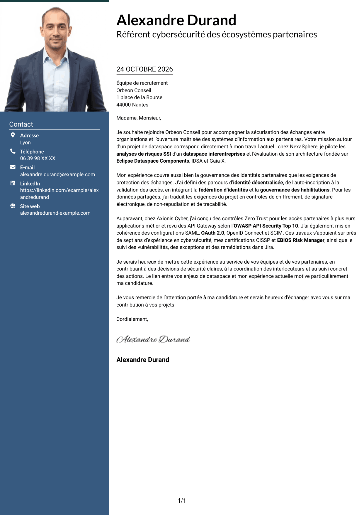 Lettre de motivation Signature (format à colonne latérale colorée avec grande photo) : Référent Cybersécurité - Échanges interentreprises, page 1