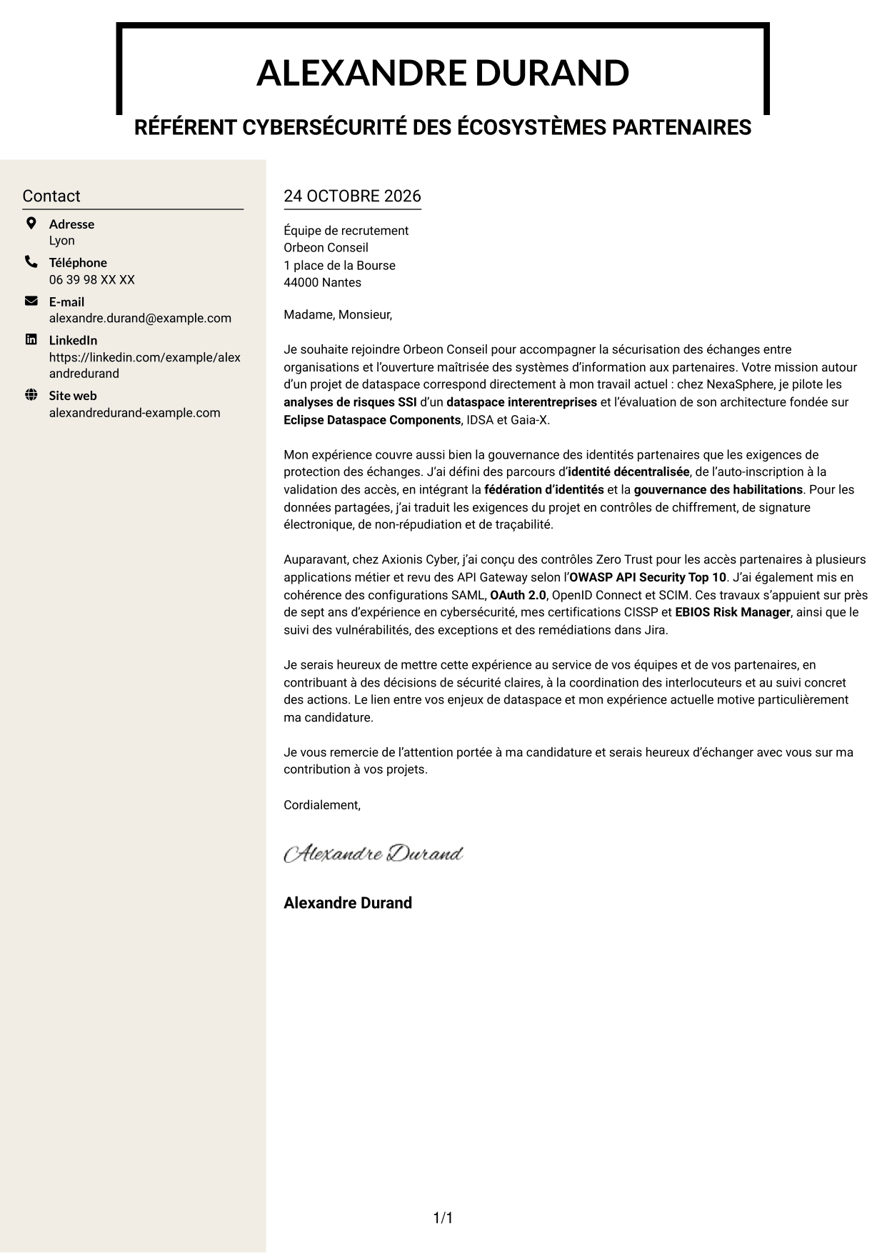 Lettre de motivation Fonceur (format à deux colonnes avec en-tête centré sans photo) : Référent Cybersécurité - Échanges interentreprises, page 1