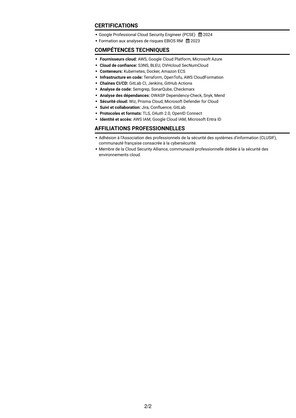 CV Compact (format sobre à deux colonnes avec photo) : Référent cybersécurité cloud, page 2