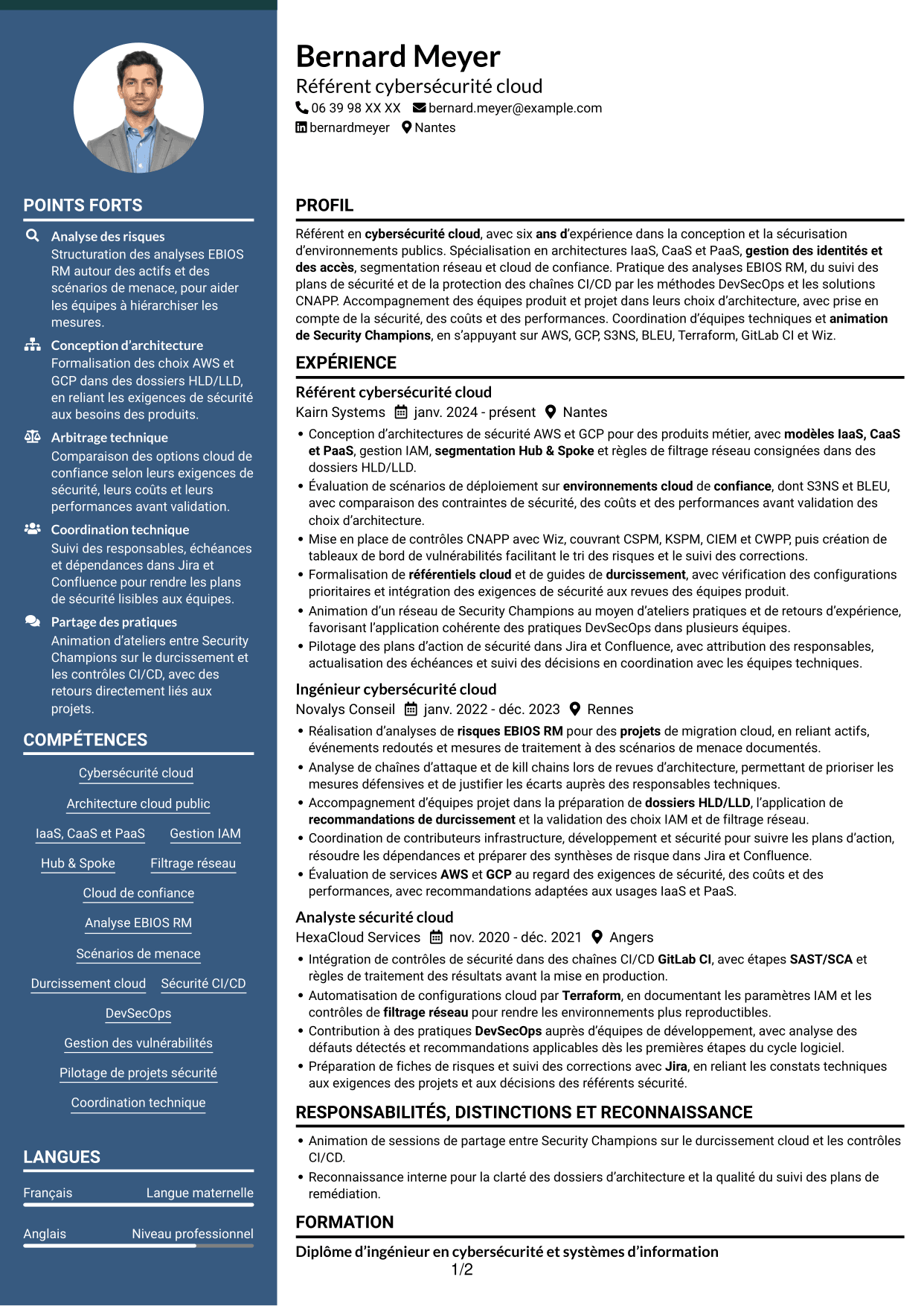 CV Élégant (format à colonne latérale colorée avec photo) : Référent cybersécurité cloud, page 1