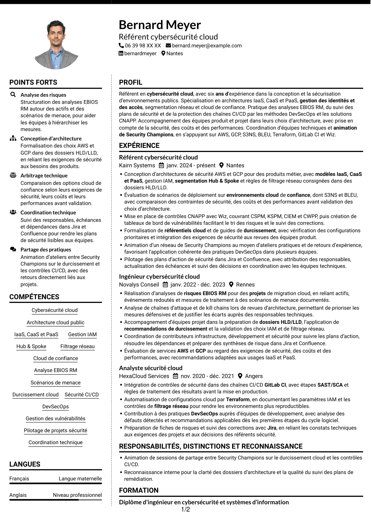 CV Moderne (format à deux colonnes avec photo à gauche et séparateur) : Référent cybersécurité cloud, page 1