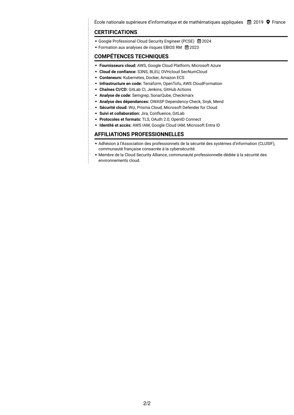 CV Moderne (format à deux colonnes avec photo à gauche et séparateur) : Référent cybersécurité cloud, page 2