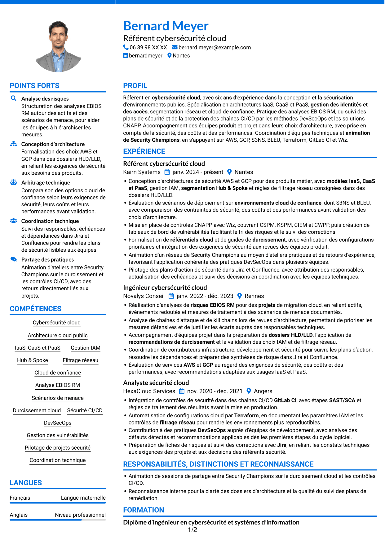 CV Audacieux (format à deux colonnes avec accents colorés et photo) : Référent cybersécurité cloud, page 1